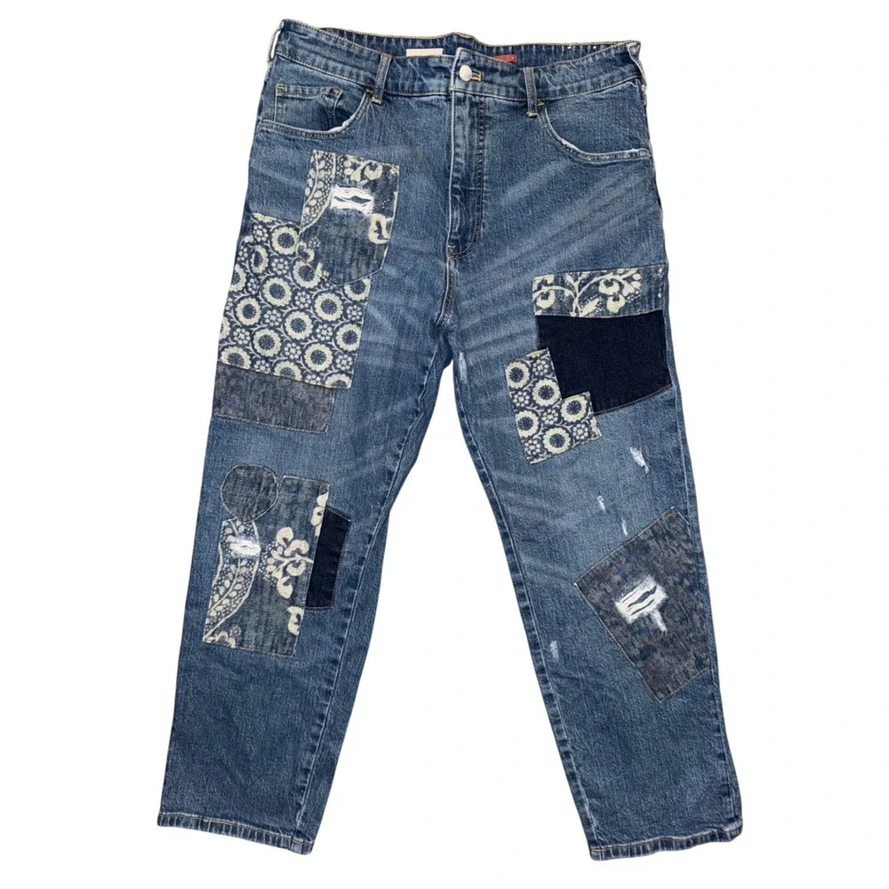 Anthropologie Pilcro The Borrowed Boyfriend Patchwork Jeans Blue Distressed 31 - Picture 2 of 6